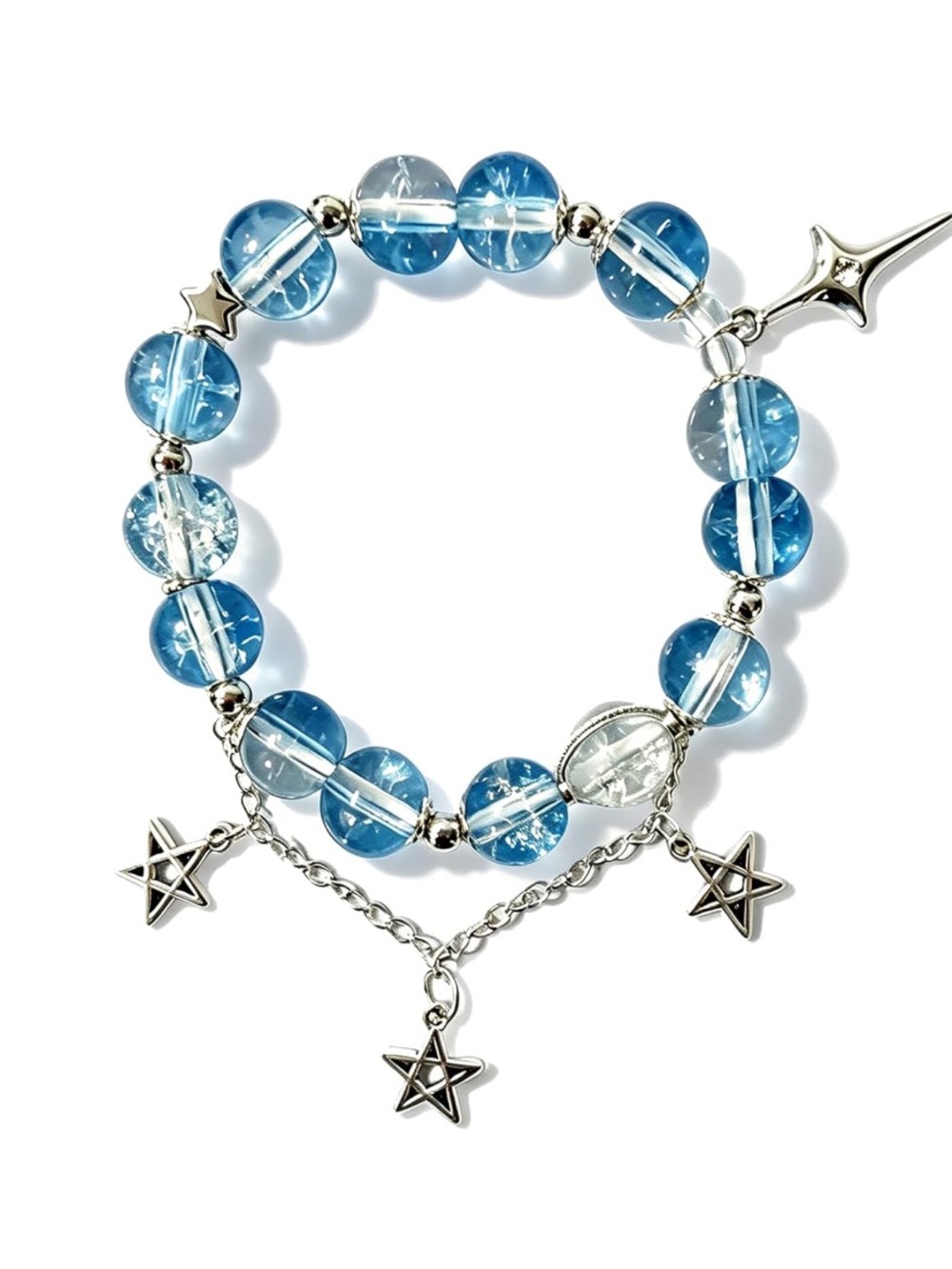 🆕New Stretchy Blue and Clear Crackle Beaded Bracelet with Star Charms - Picture 5 of 5